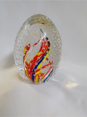 Egg Shape Glass Paperweight Rainbow Swirls Twists Controlled Bubbles Hand Blown